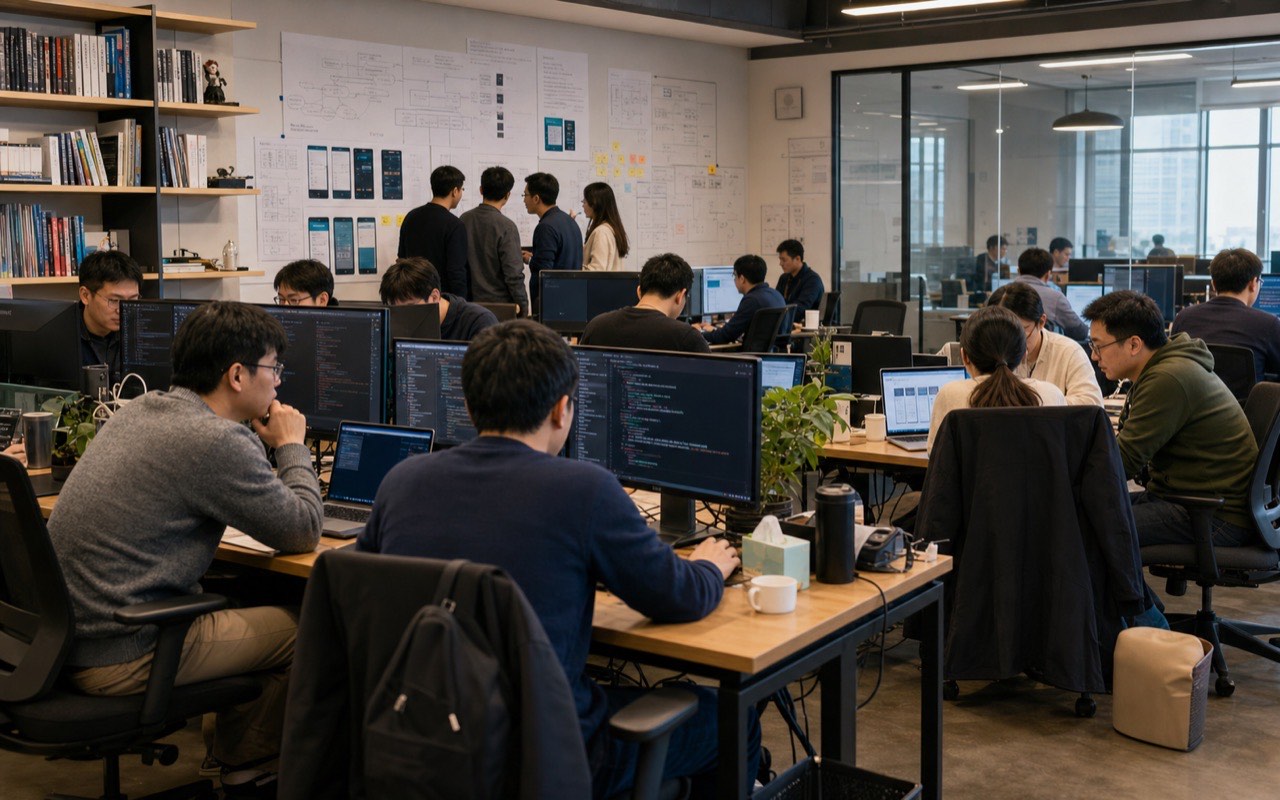 产品、研发与测试协作的工作场景示意图